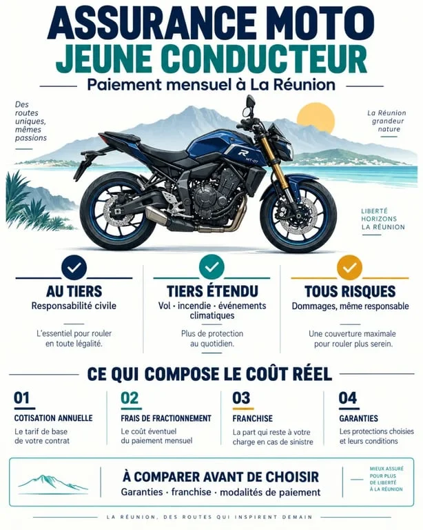 Assurance moto jeune conducteur paiement mensuel Réunion : garanties, formules et coût total