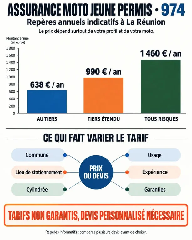 Infographie sur le tarif assurance moto jeune permis 974 selon la formule et les facteurs de prix