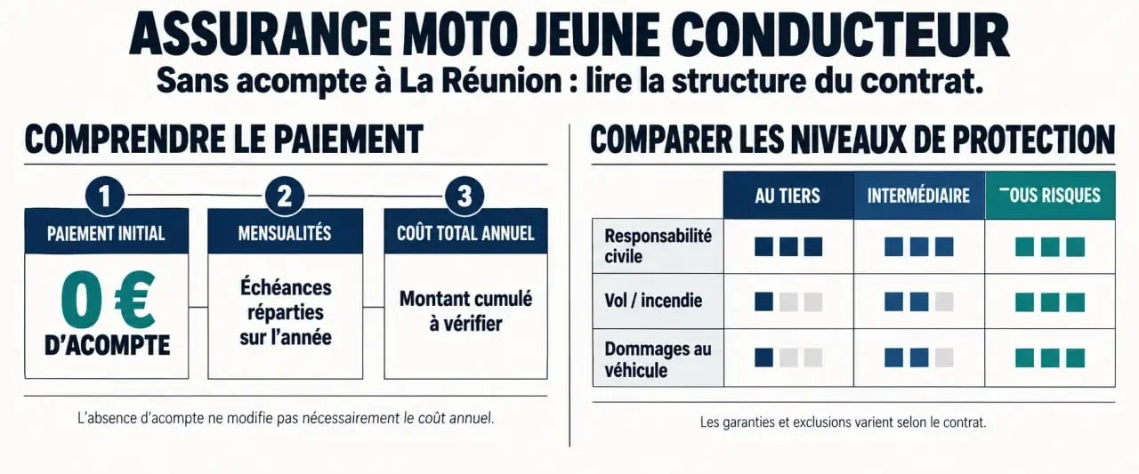 Infographie sur l’assurance moto jeune conducteur sans acompte à La Réunion et le coût total des formules