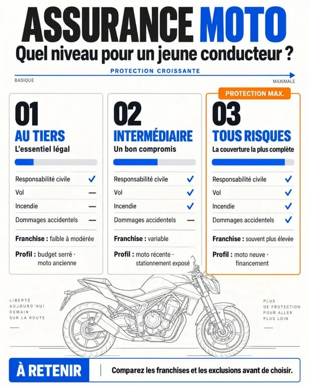 Infographie comparative sur l’assurance moto jeune conducteur et les formules au tiers, intermédiaire et tous risques
