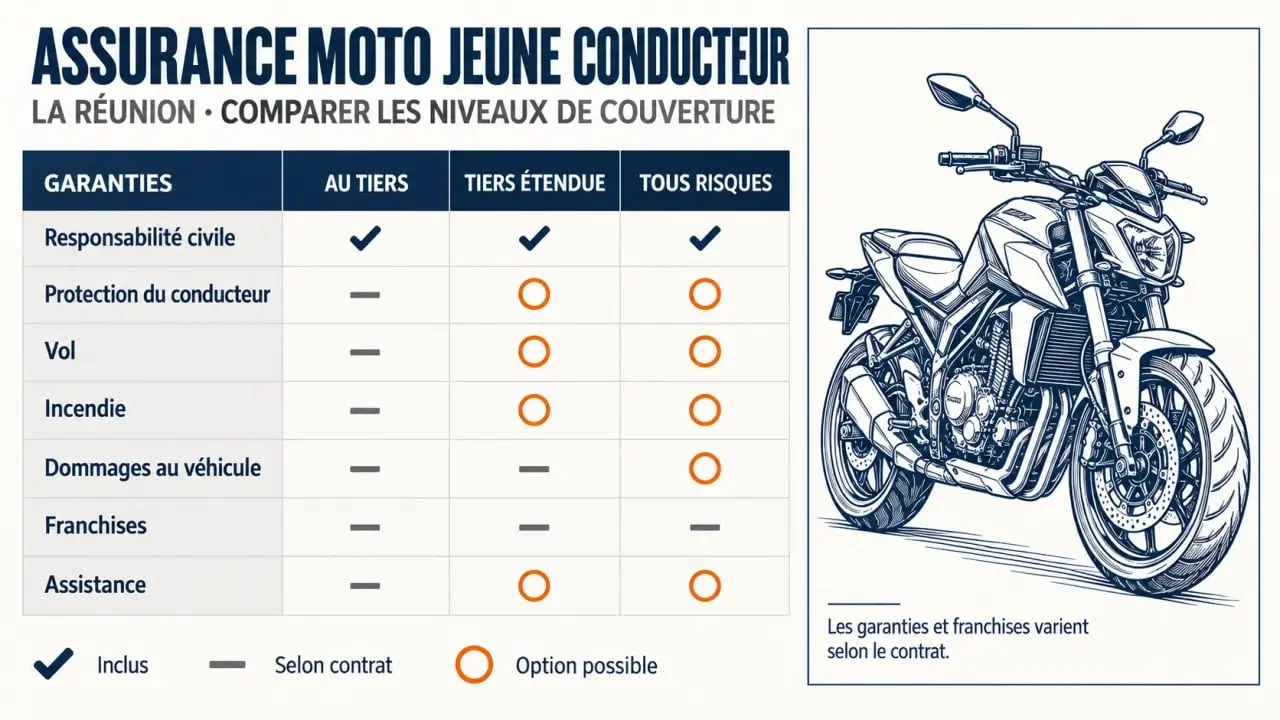 Infographie sur l’assurance moto jeune conducteur pas cher à La Réunion et les différences entre les formules