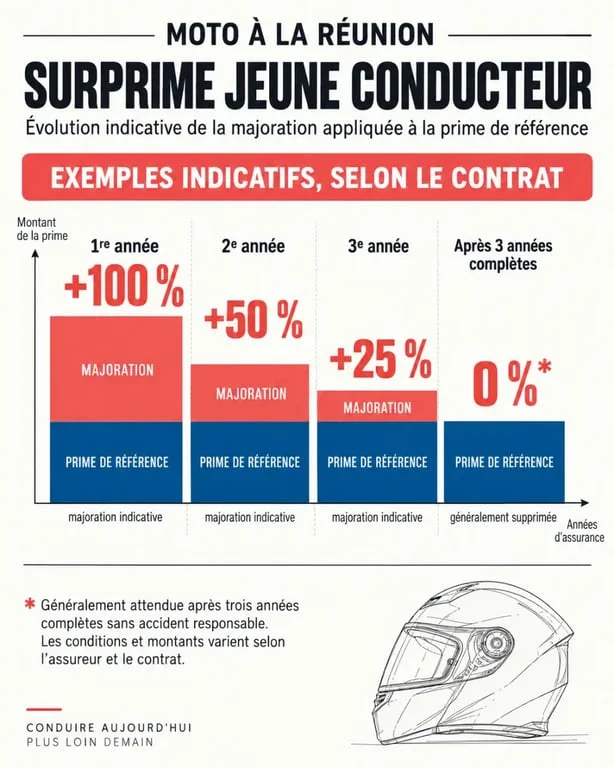Infographie sur la surprime jeune conducteur moto à La Réunion et son évolution indicative