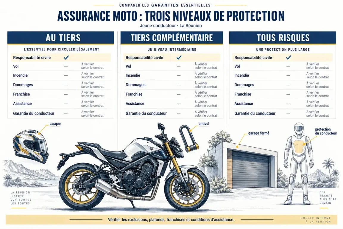 Infographie sur la meilleure assurance moto jeune conducteur à La Réunion et les différences entre les formules