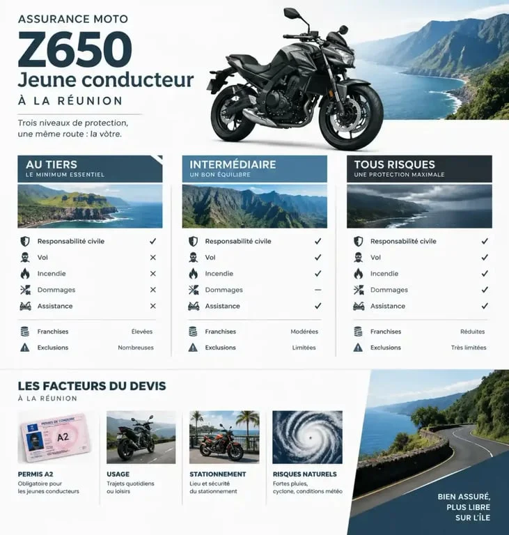Infographie sur l’assurance moto jeune conducteur Z650 Réunion et les niveaux de garanties