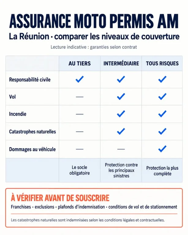 Infographie assurance moto permis AM à La Réunion : garanties au tiers, intermédiaire et tous risques