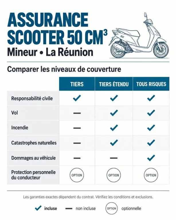 Infographie sur l’assurance scooter 50 mineur à La Réunion et les garanties selon la formule
