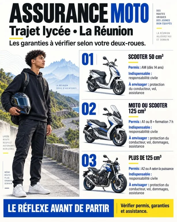 Infographie sur l’assurance moto trajet lycée à La Réunion selon la cylindrée et les garanties
