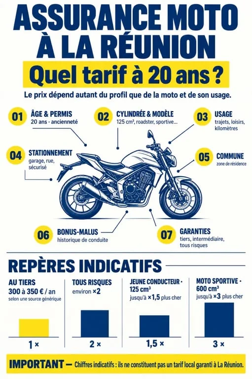 Infographie sur le tarif d’une assurance moto à 20 ans à La Réunion et les critères qui influencent le prix