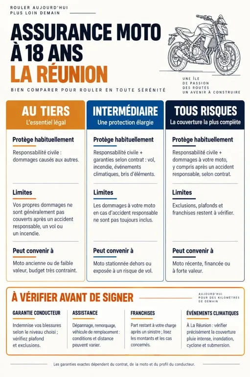Infographie comparative sur l’assurance moto 18 ans Réunion et les formules au tiers, intermédiaire et tous risques