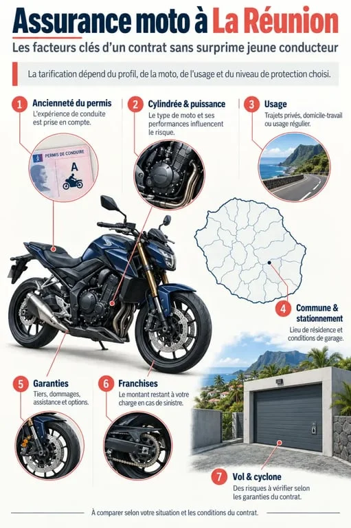 Infographie sur l’assurance moto sans surprime jeune conducteur à La Réunion et les facteurs qui influencent le tarif