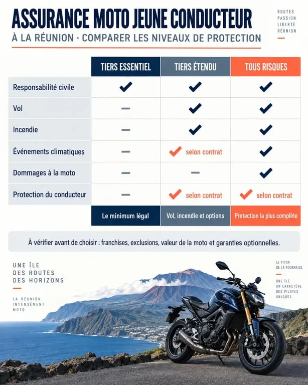 Infographie sur l'assurance moto jeune conducteur tiers étendu à La Réunion comparant les garanties