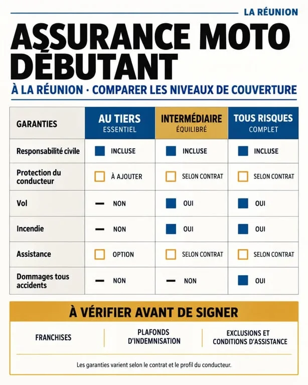 Infographie comparative sur l’assurance moto débutant réunion : tiers, intermédiaire et tous risques