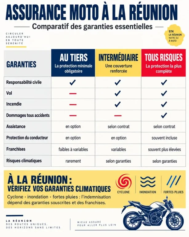 Assurance moto sans antécédents à La Réunion : comparaison des formules au tiers, intermédiaire et tous risques