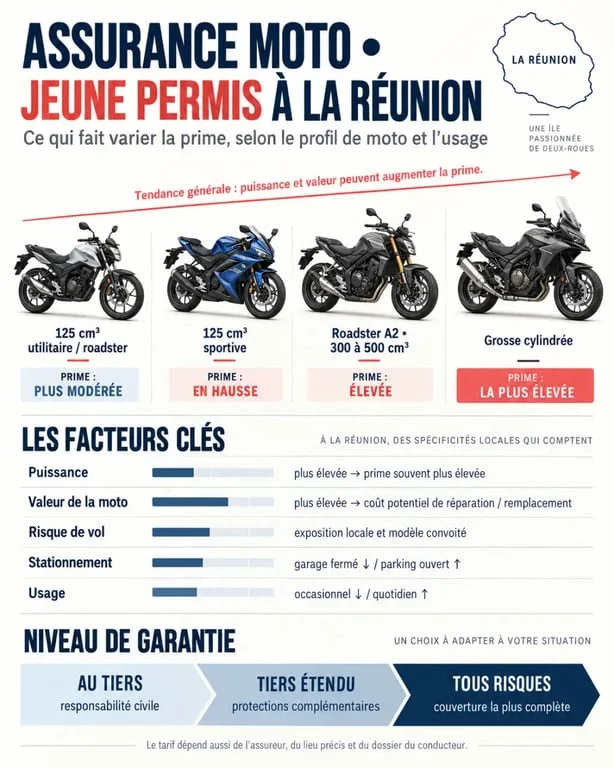 Infographie sur la moto la moins chère à assurer pour un jeune permis à La Réunion