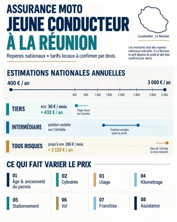 Infographie sur le prix assurance moto jeune conducteur réunion, formules et facteurs de tarif