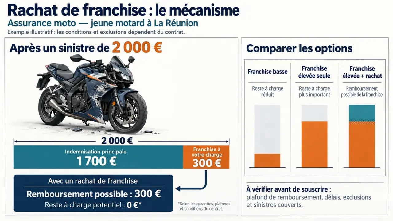 Infographie sur le rachat de franchise jeune motard à La Réunion et le calcul du reste à charge