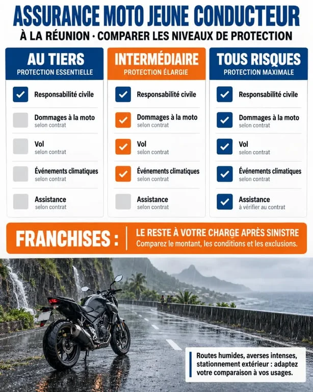 Infographie sur l’assurance moto jeune conducteur tous risques à La Réunion et les niveaux de garanties