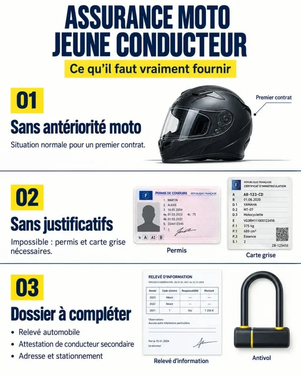 Assurance moto jeune conducteur accepté sans dossier : documents nécessaires et distinction entre absence d’antériorité et absence de justificatifs