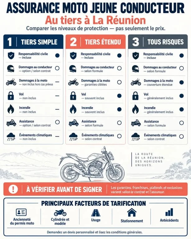 Infographie sur l’assurance moto jeune conducteur au tiers à La Réunion et les garanties comparées