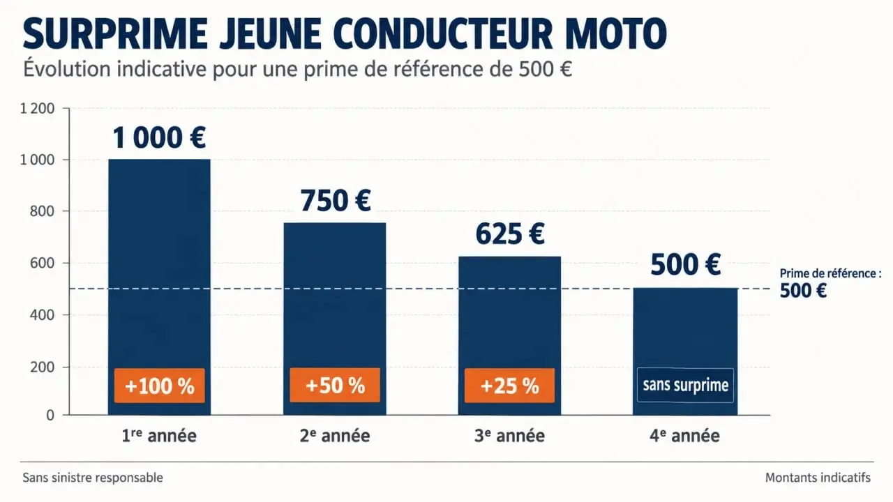 Infographie sur la surprime jeune conducteur moto et son évolution sur quatre années