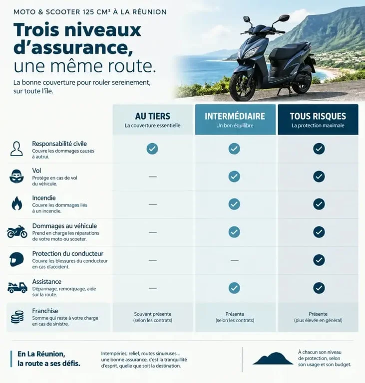 Infographie assurance moto 125 jeune conducteur Réunion : garanties au tiers, intermédiaire et tous risques