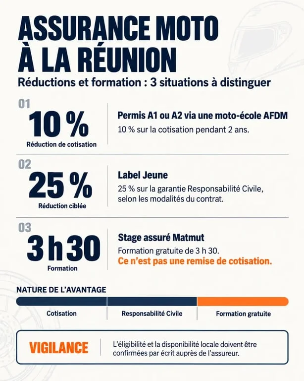 Infographie assurance moto stage conduite réduction réunion : remise AFDM, Label Jeune et stage gratuit