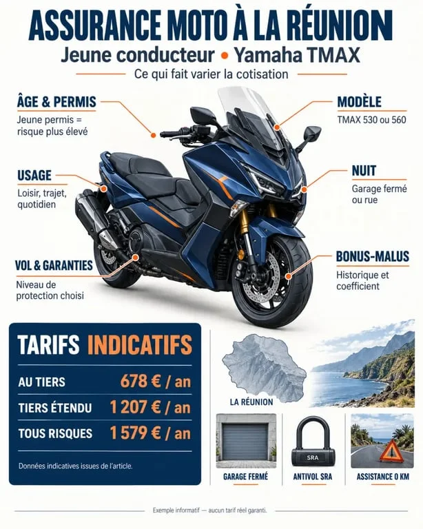 Infographie sur l’assurance moto jeune conducteur TMAX à La Réunion et les facteurs de prix