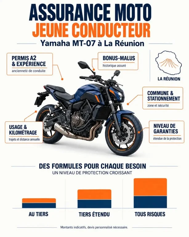 Assurance moto jeune conducteur MT-07 à La Réunion : facteurs de prix et niveaux de garanties