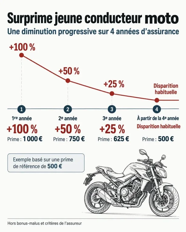 Infographie sur la surprime jeune conducteur moto et son évolution sur quatre années