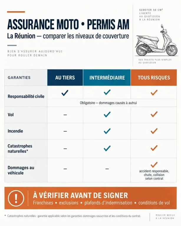 Infographie assurance moto permis AM à La Réunion : garanties au tiers, intermédiaire et tous risques
