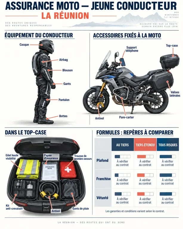 Infographie sur l’assurance moto jeune conducteur équipement inclus à La Réunion : casque, gants, blouson, accessoires et top-case