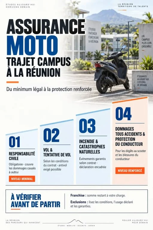 Infographie sur l’assurance moto trajet campus à La Réunion et les niveaux de garanties