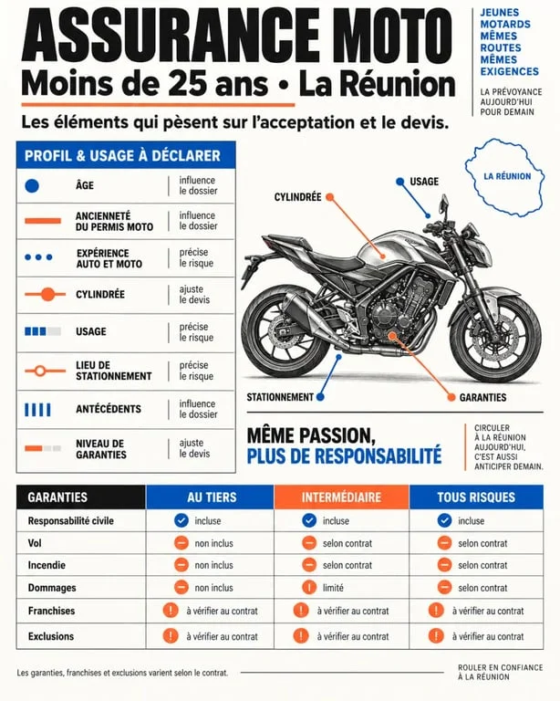 Infographie sur l'assurance moto moins de 25 ans à La Réunion et les critères du devis