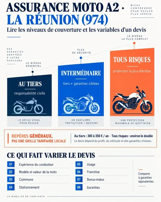 Prix assurance moto A2 974 : facteurs de tarif et niveaux de couverture au tiers, intermédiaire et tous risques
