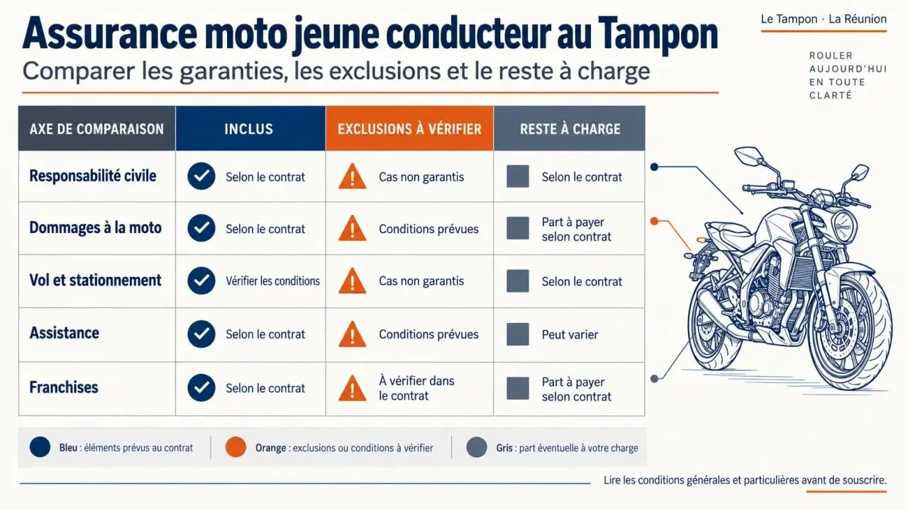 Infographie sur l’assurance moto jeune conducteur au Tampon et les garanties à comparer