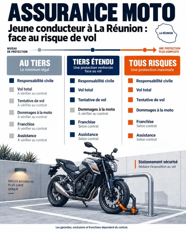 Assurance moto jeune conducteur vol Réunion : comparaison des niveaux de garantie
