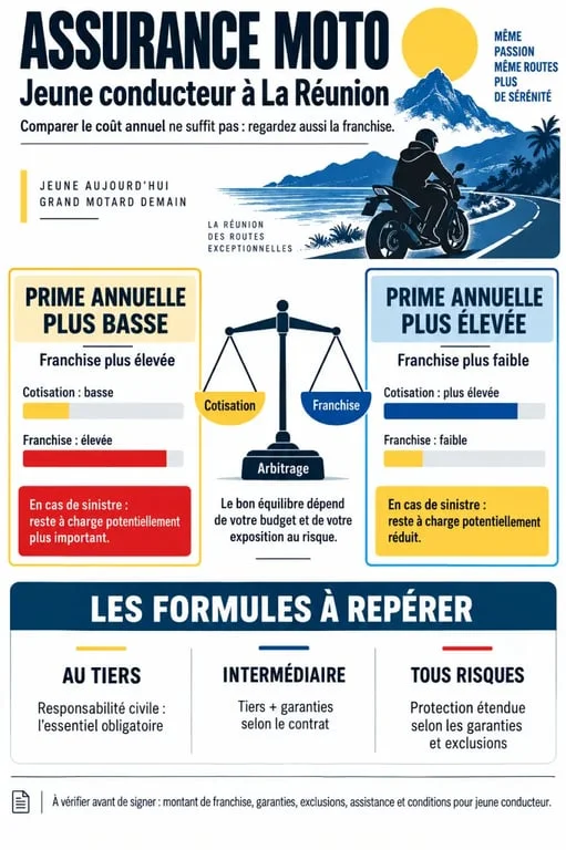 Infographie sur la franchise d’une assurance moto jeune conducteur à La Réunion