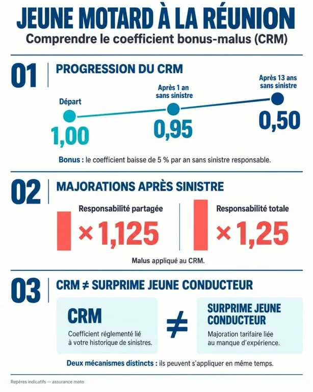 Infographie du coefficient bonus malus jeune motard à La Réunion, du CRM et de la surprime