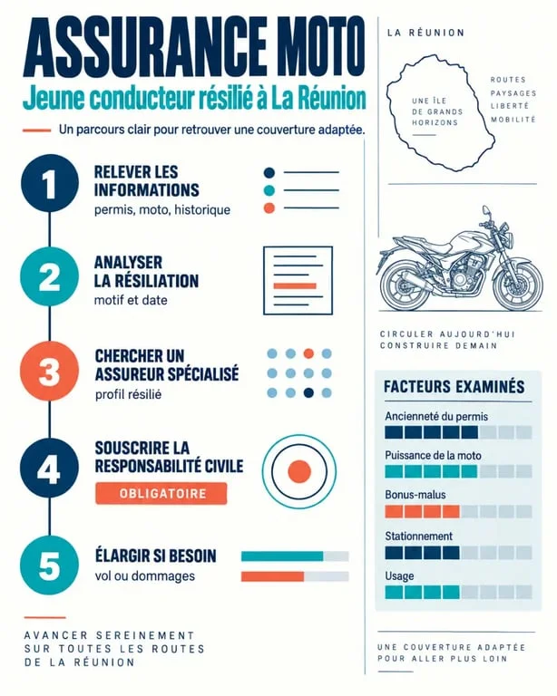 Infographie sur l’assurance moto jeune conducteur résilié à La Réunion et les étapes pour obtenir une couverture