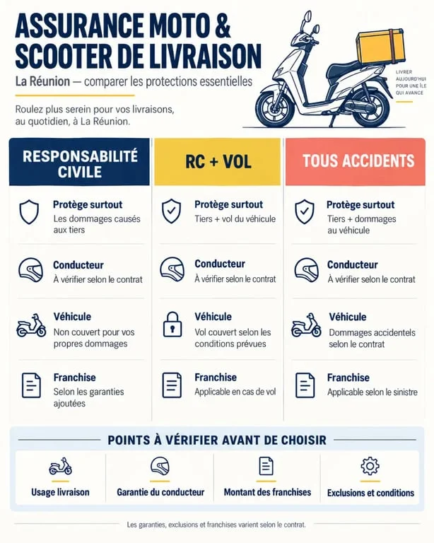 Assurance moto jeune livreur Réunion : comparaison des garanties RC, vol et tous risques