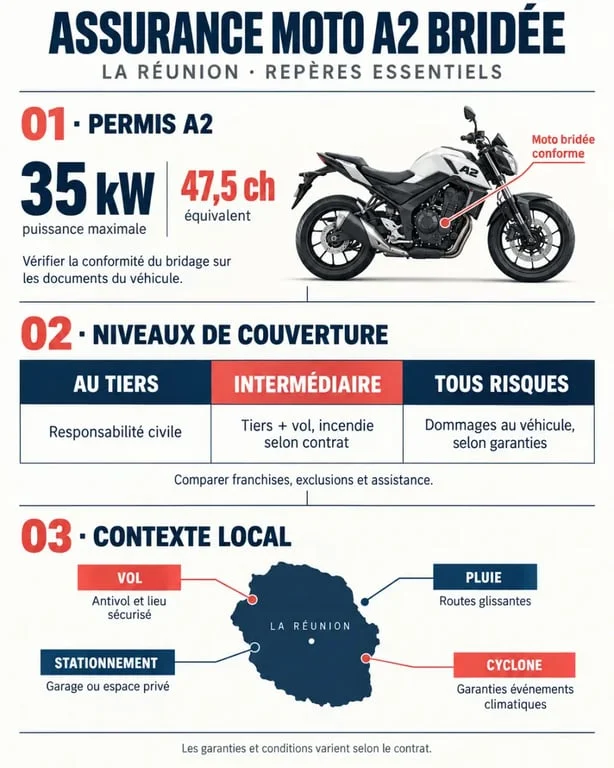 Assurance moto A2 bridée à La Réunion : règles du permis, garanties et risques locaux