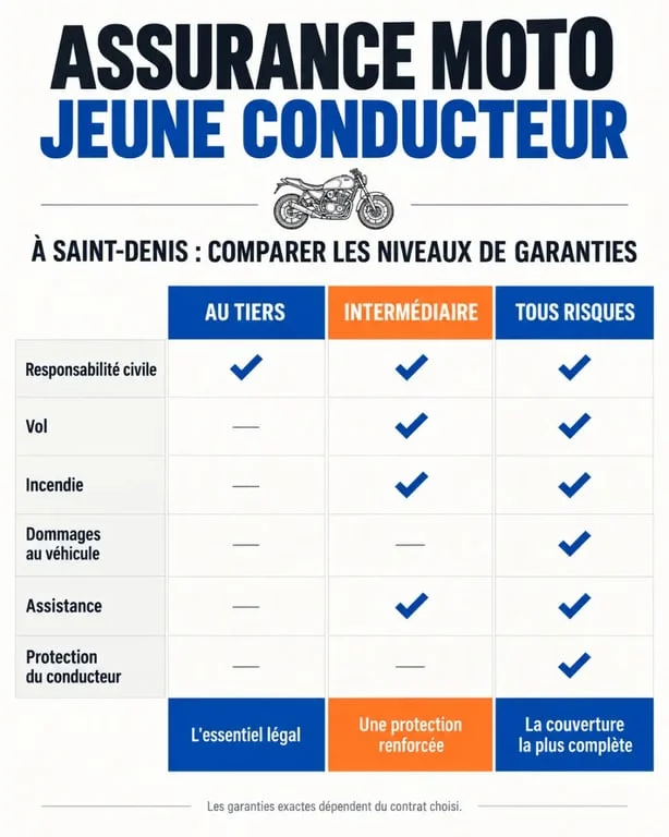 Infographie sur l’assurance moto jeune conducteur à Saint-Denis et les formules au tiers, intermédiaire et tous risques