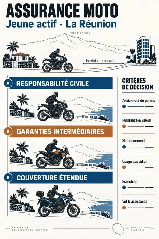 Assurance moto jeune actif à La Réunion : critères de tarif et niveaux de garanties