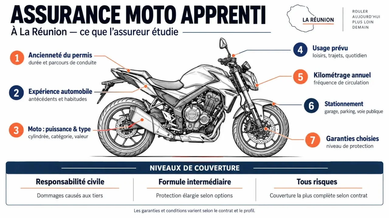 Infographie sur les critères d’une assurance moto apprenti à La Réunion