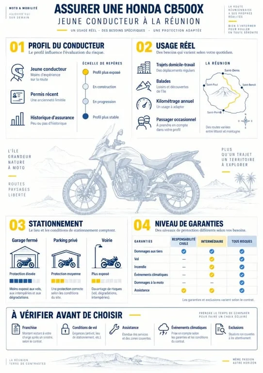Assurance moto jeune conducteur CB500X à La Réunion : critères de tarif et niveaux de garanties