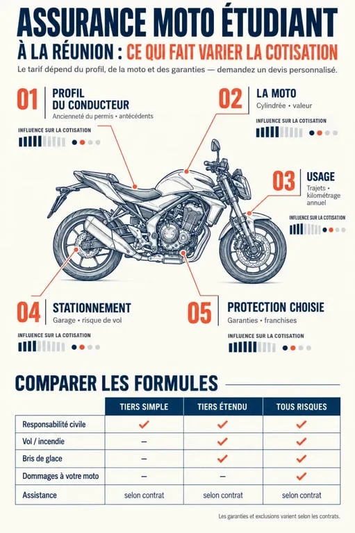 Infographie sur le tarif d'une assurance moto étudiant à La Réunion et les garanties