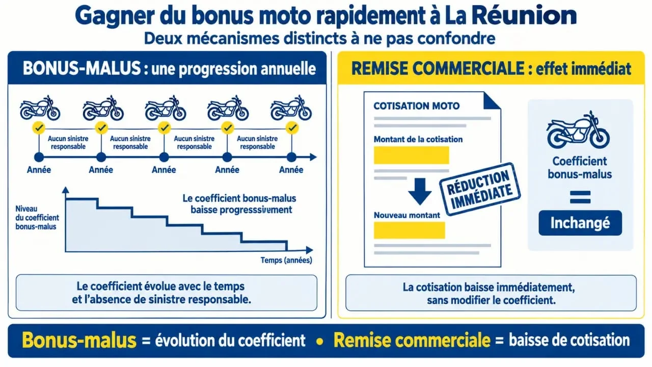 Gagner du bonus moto rapidement à La Réunion : différence entre bonus-malus et remise commerciale