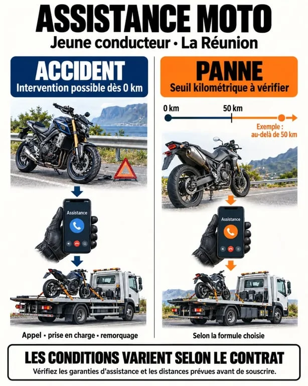 Infographie sur l’assurance moto jeune conducteur assistance Réunion et les seuils kilométriques en cas de panne ou d’accident