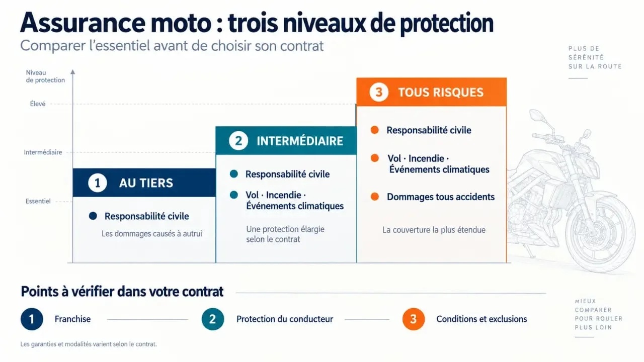 Assurance jeune motard Réunion : comparaison visuelle des formules au tiers, intermédiaire et tous risques