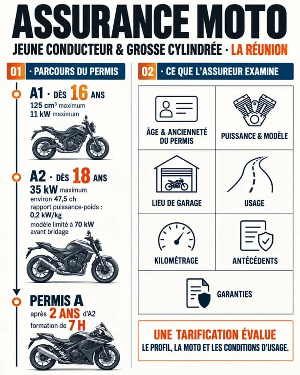 Infographie sur l’assurance moto jeune conducteur grosse cylindrée à La Réunion et les limites des permis A2 et A